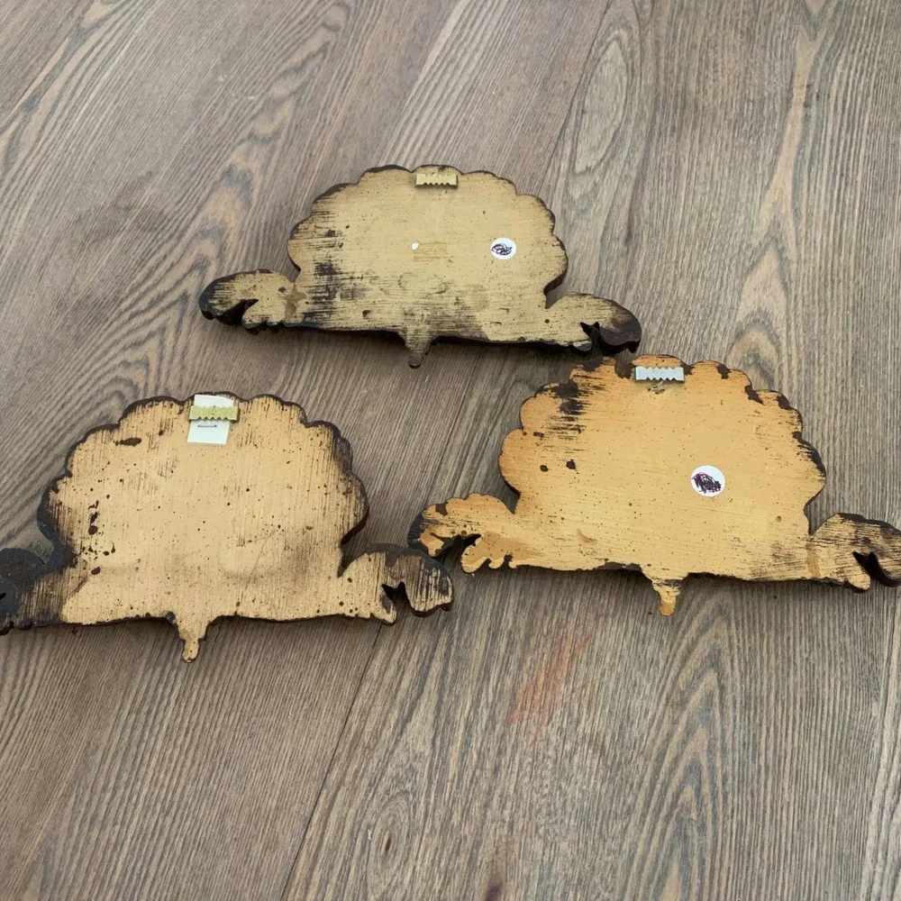 Set of 3 Vintage Faux Wood Shell Wall Plaques Rococo Scallop Ornate Brown Decor